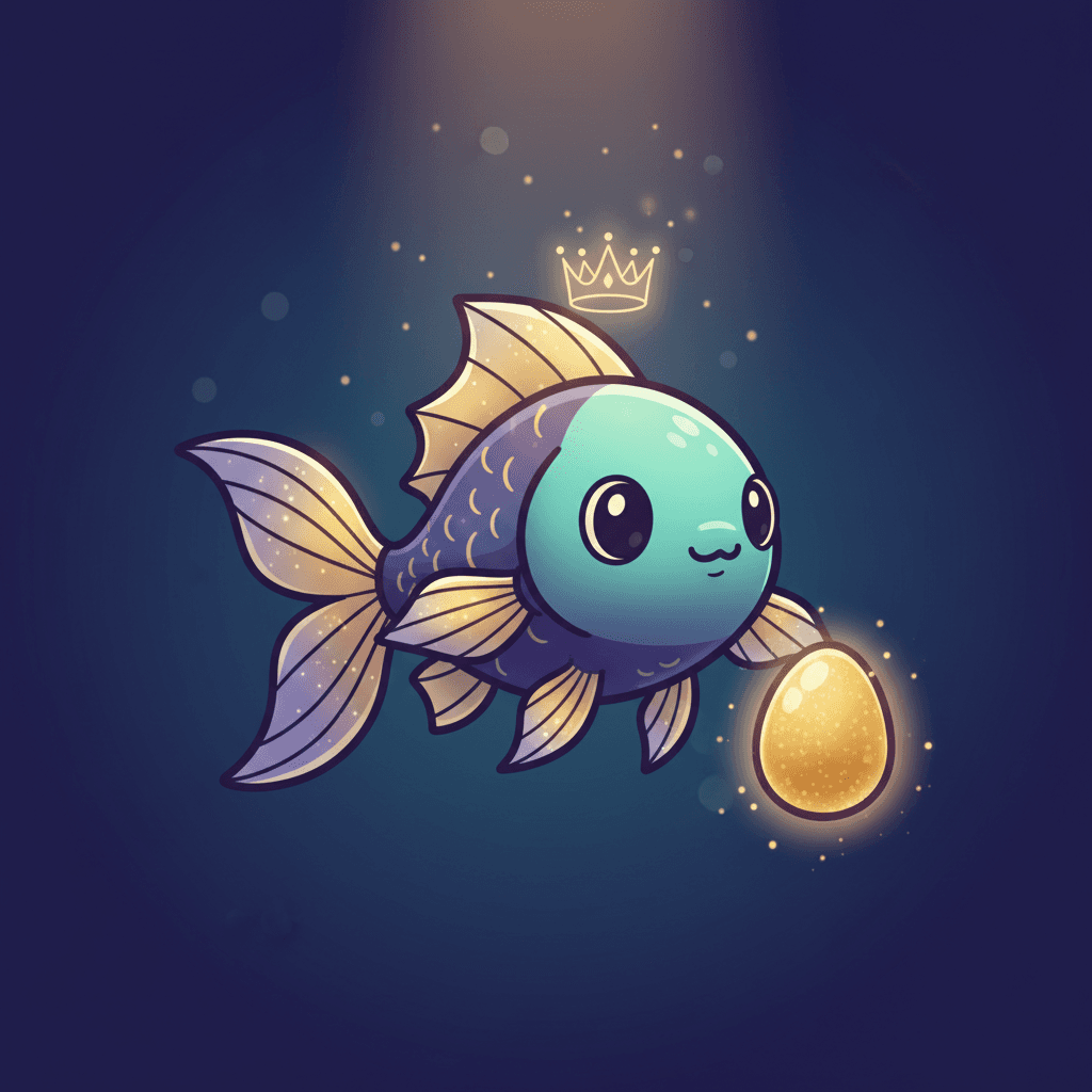 A legendary Pondoro fish crowned in gold light beside a glowing egg