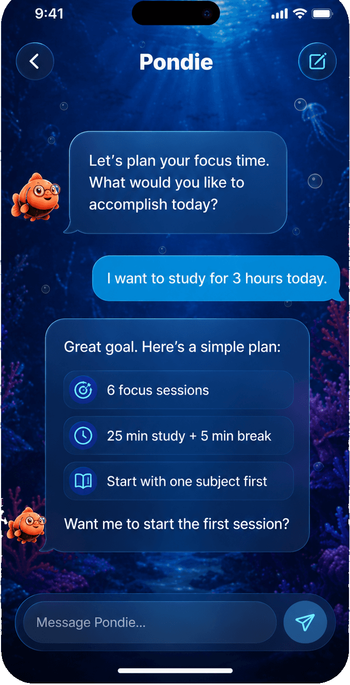 Pondie planning a study session into focus blocks with breaks