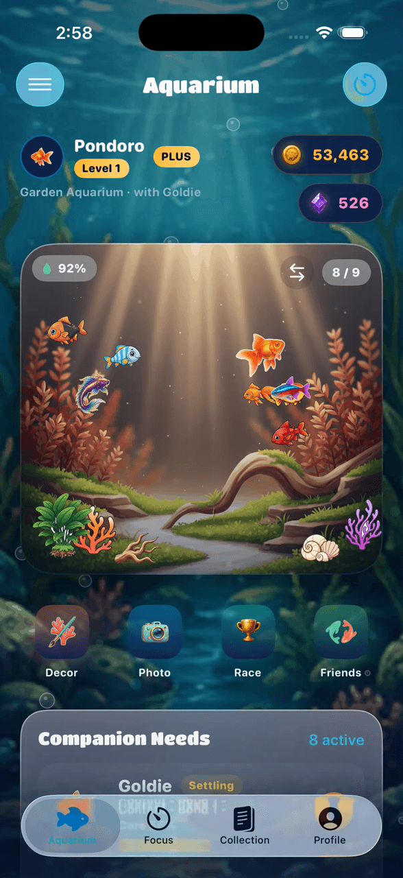 Pondoro-Aquarium mit Pflanzen, Wurzelholz, Goldfisch und bunten Fischen